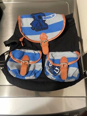 Ravenclaw Stripe Canvas Backpack - Blue, Gray and Black with Brown Trim